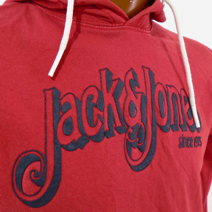 Llamativa sudadera con capucha Jack &amp; Jones para hombre en rojo, talla L - Usada, en buen estado