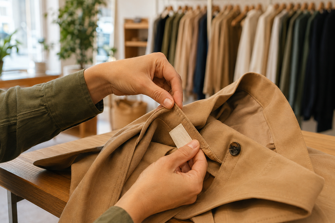 Persona comprobando costuras y tejido de una prenda de segunda mano antes de comprar