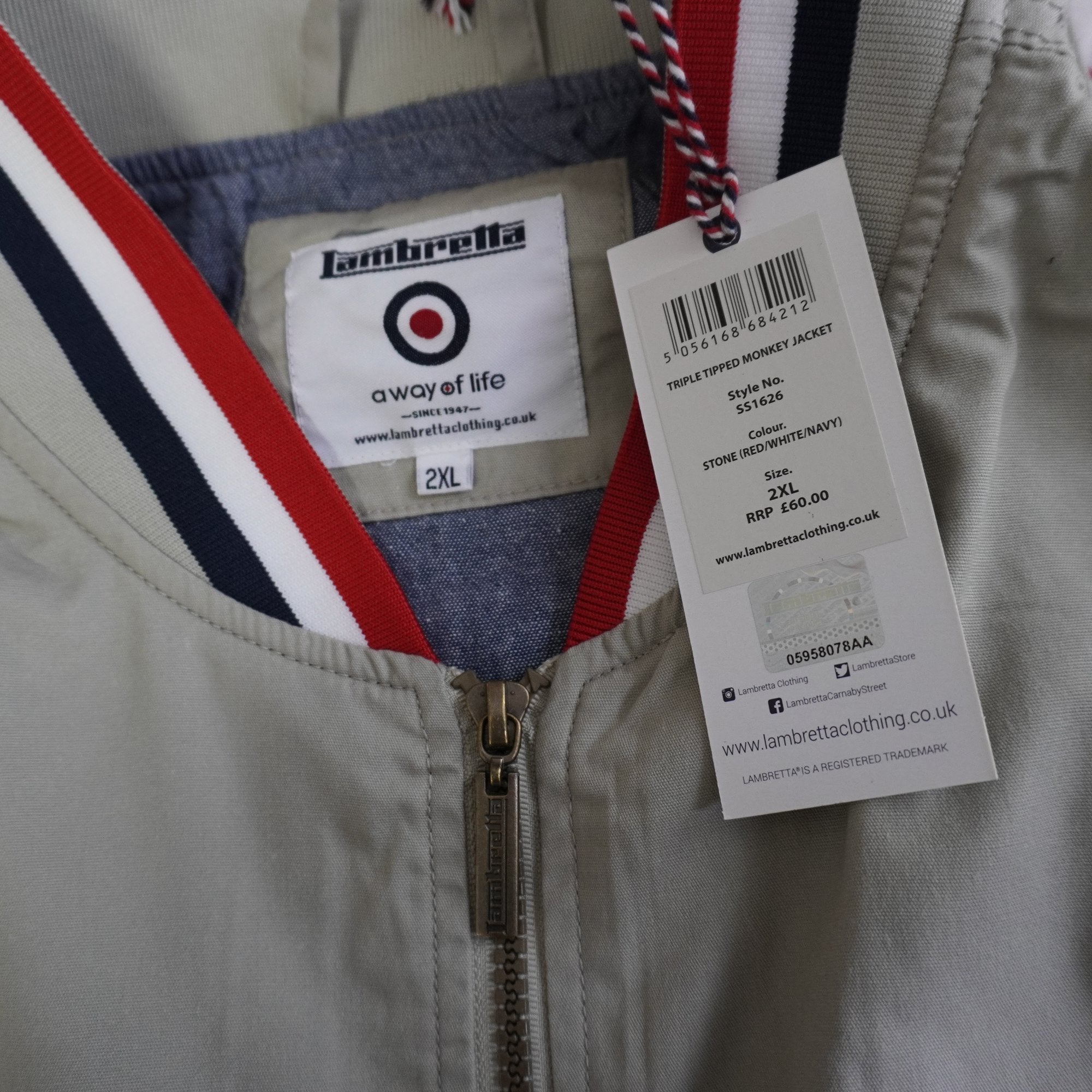 Chaqueta Bomber Lambretta para Hombre Usada - Beige y Rojo, XXL