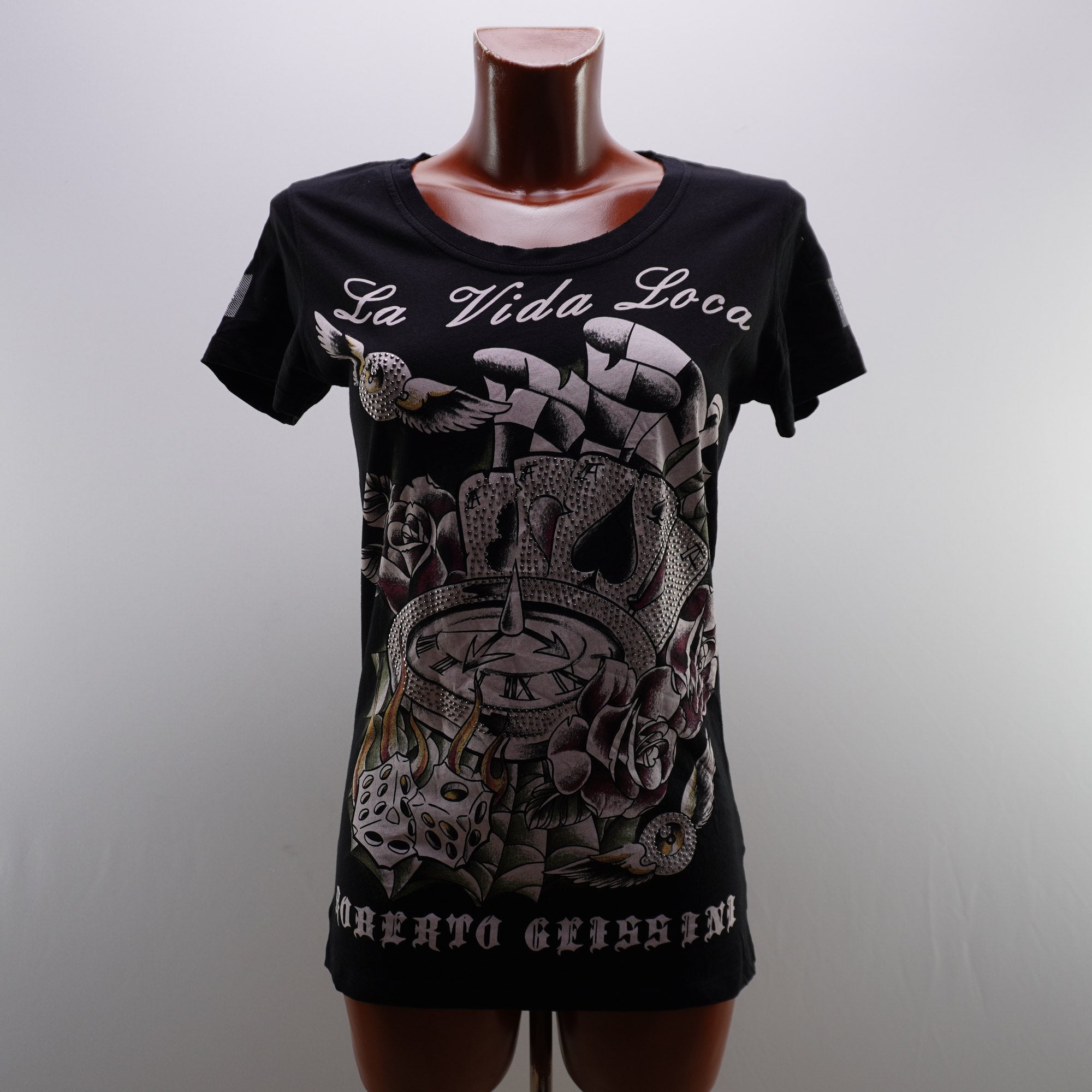 Camiseta de Manga Corta Roberto Geissine para Mujer - Negro, XL, Usada en Muy Buen Estado