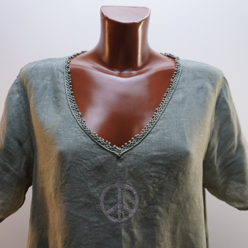 Camiseta de Manga Corta Linen Collection para Mujer Usada - Verde, XL