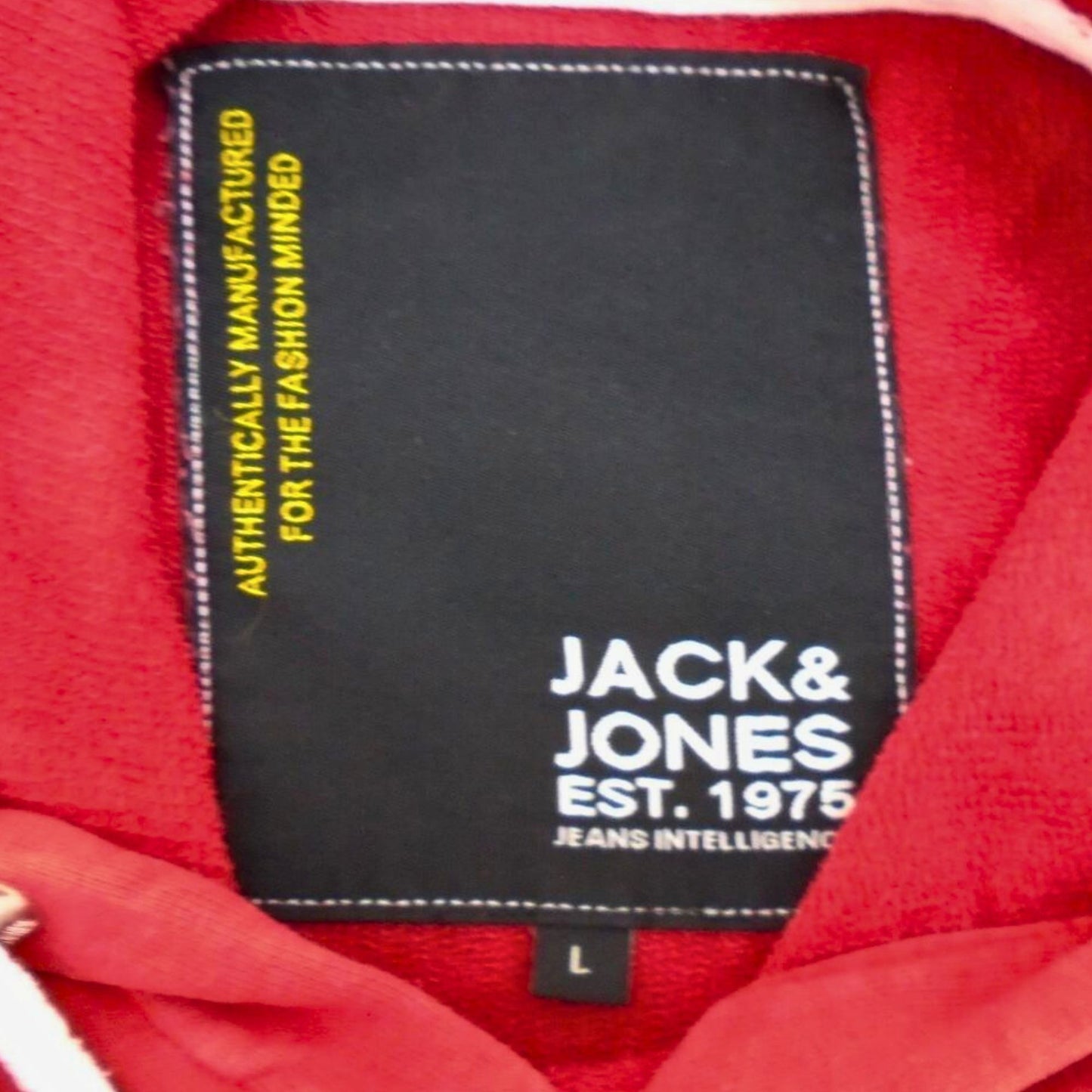 Auffälliger Herren-Kapuzenpullover von Jack &amp; Jones in Rot, Größe L – gebraucht, guter Zustand