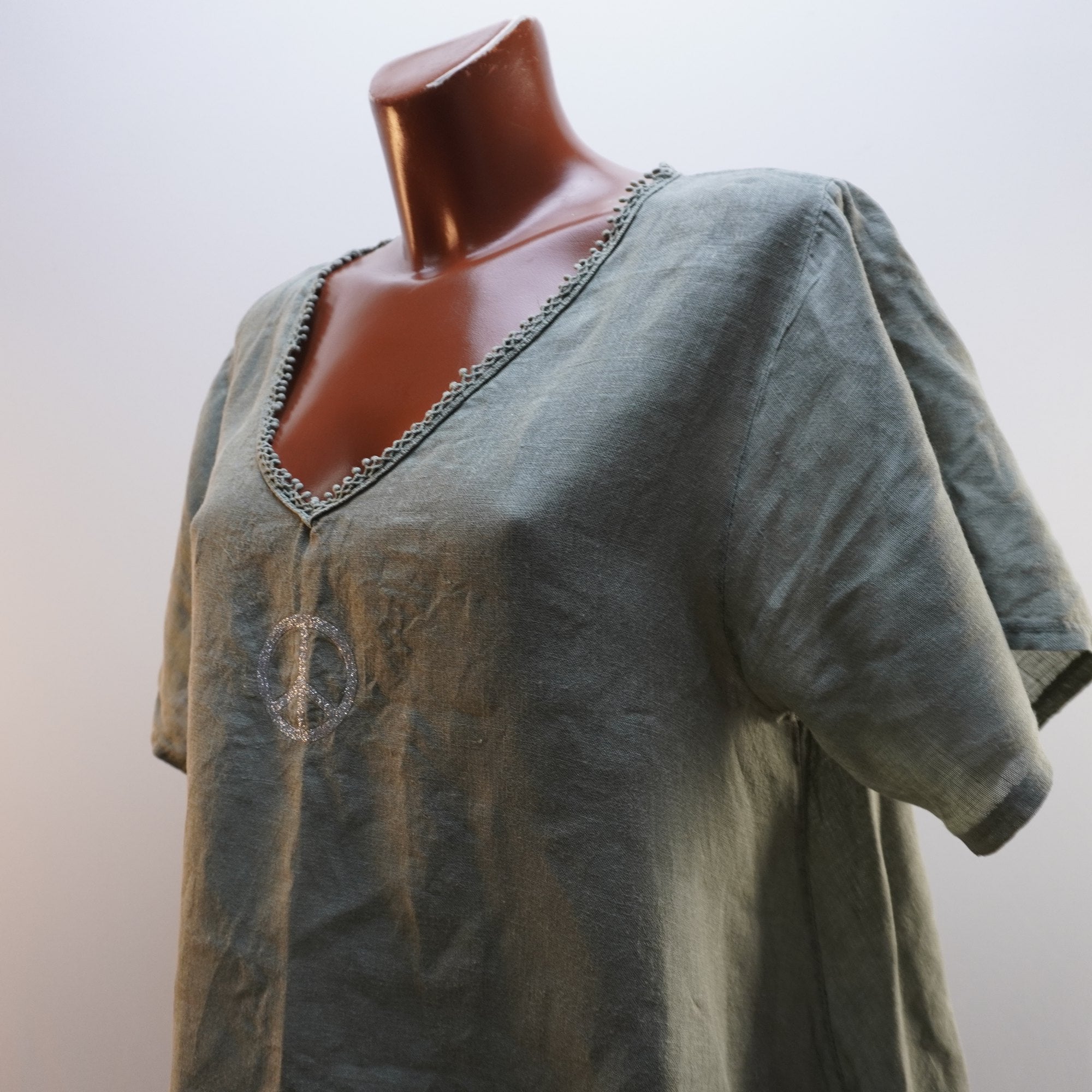Camiseta de Manga Corta Linen Collection para Mujer Usada - Verde, XL